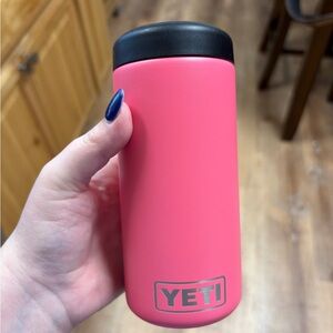 YETI Pink Slim Can Coozie with Black Lid